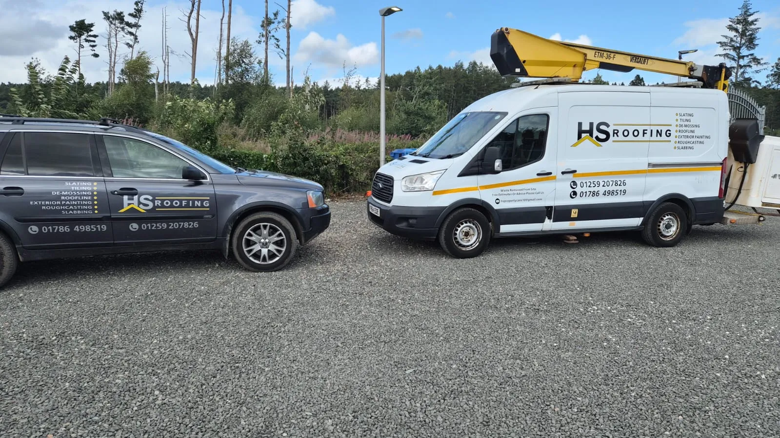 The HS Roofing fleet: the sign-written grey Volvo and the white van with its cherry picker lift, both listing slating, tiling, de-mossing, roofline, exterior painting, roughcasting and slabbing