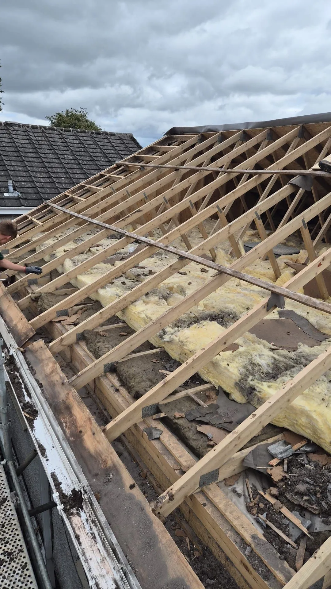 Bungalow roof stripped back to the rafters with old tiles and insulation removed